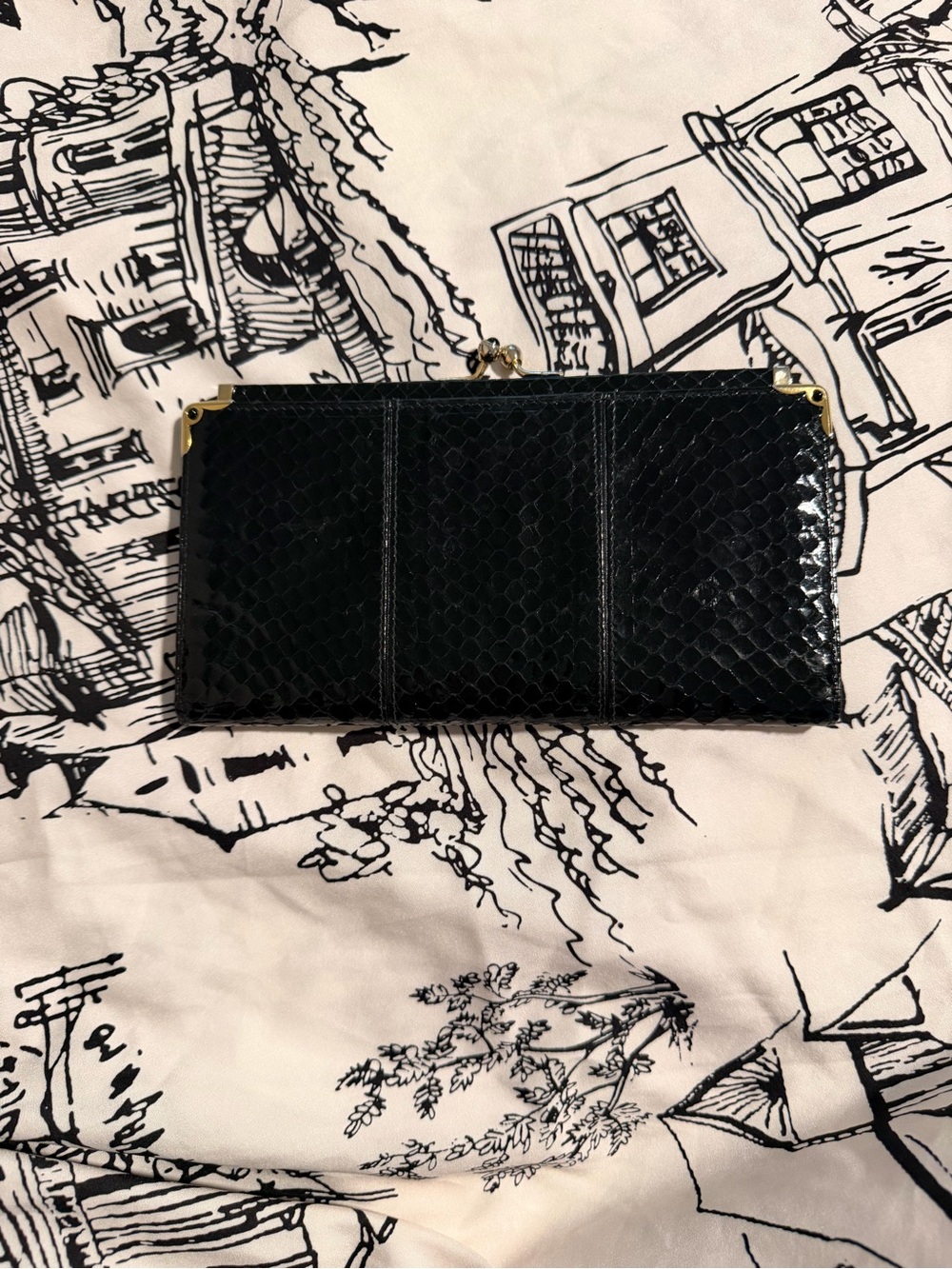 Judith Leiber Black Snake-Embossed Frame Clutch with Gold Accents